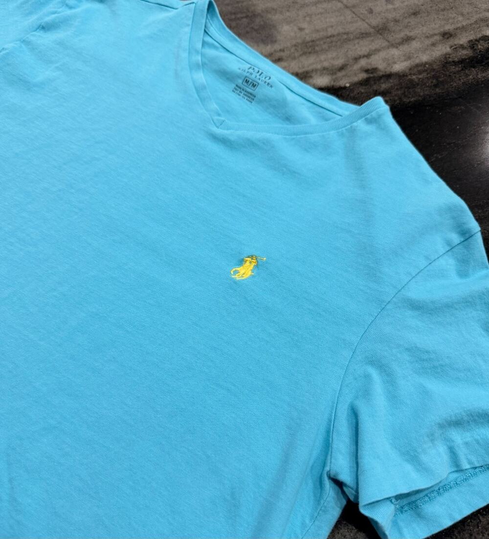 Polo Ralph Lauren Mens Medium Blue V Neck T Shirt Yellow Pony Cotton Classic Tee